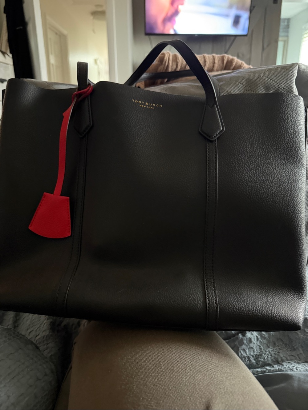 Tory Burch Black Leather Laptop Tote with Red Tag